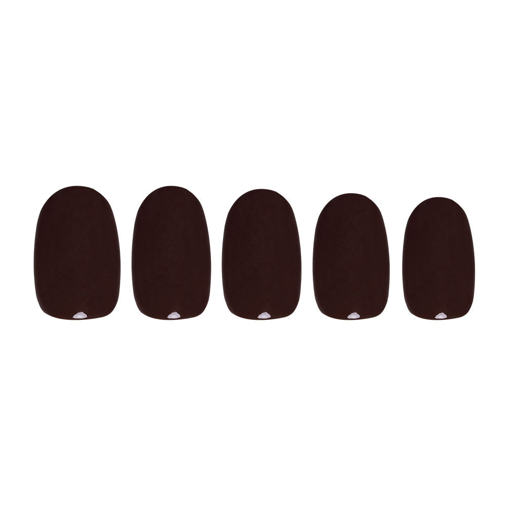Five glamnetic Bark Brown artificial nails with a glossy finish are displayed in a row against a white background, ideal for creating an elegant fall forest-inspired manicure. - Product image