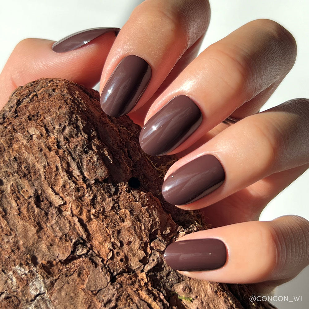 A hand with short, neatly manicured nails painted in glamnetics Bark Brown glossy set holds a piece of textured bark. - Product image