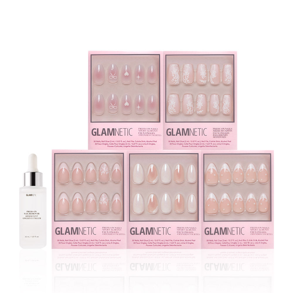 Six sets of glamnetic Be Mine pink press-on nails—featuring short almond and semi-transparent French tip styles—are displayed in pink boxes with nail glue on the left, all arranged against a white background. - Product image