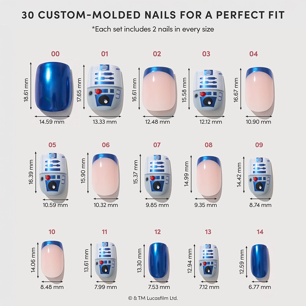 A set of 30 Beep-Boop press-on nails by glamnetic, featuring custom-molded STAR WARS designs inspired by R2-D2. Shown in assorted sizes and designs with measurements listed next to each nail, these short squoval press-ons combine iconic R2-D2 elements with comfortable style for the perfect fit every fan will love. - Product image
