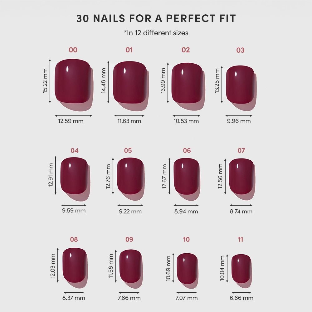 A chart shows 12 Berry Baby artificial nail sizes (00-11) from glamnetic in maroon, each with width and length measurements below for an exact fit. Top text: 30 Press-On Nails for a Perfect Fit. - Product image