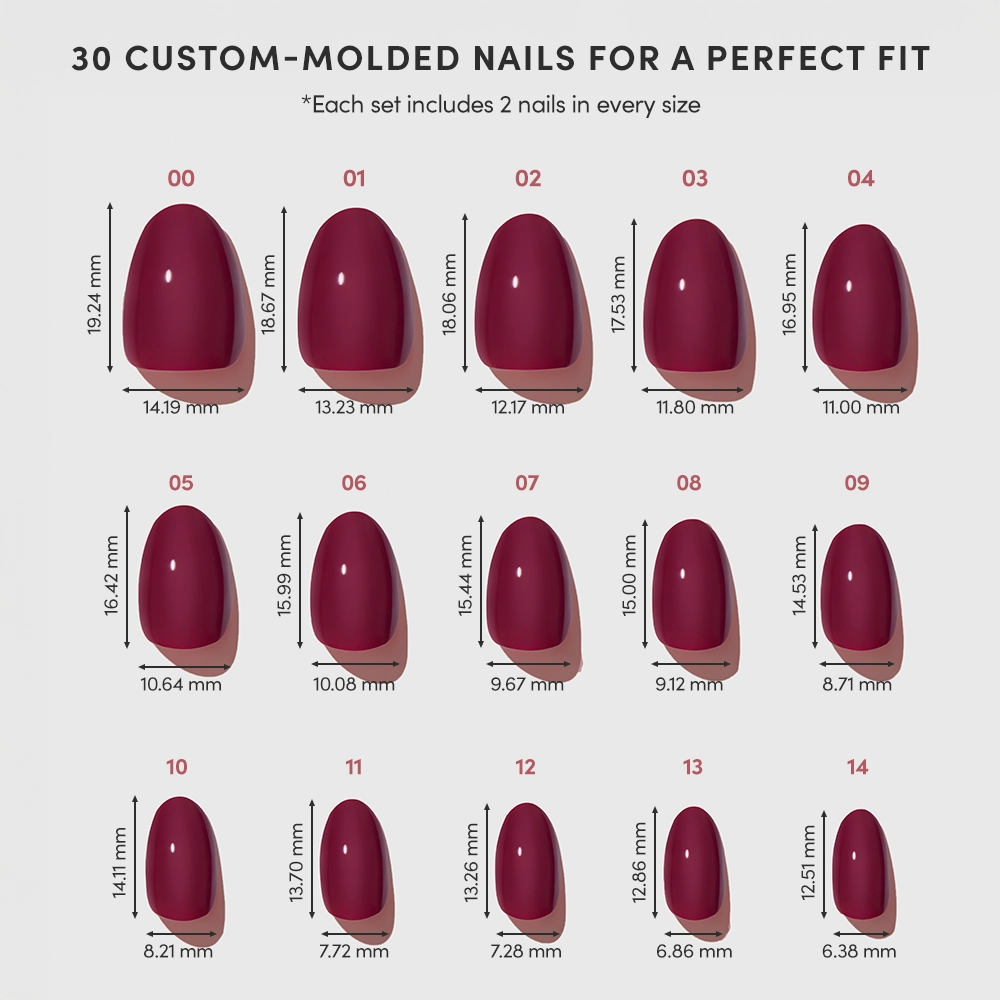 A glamnetic chart displays 15 sizes of Berry Mood short oval press-on nails in glossy maroon, labeled 00–14, with height and width in millimeters for each custom-molded nail, ensuring a perfect fit. - Product image