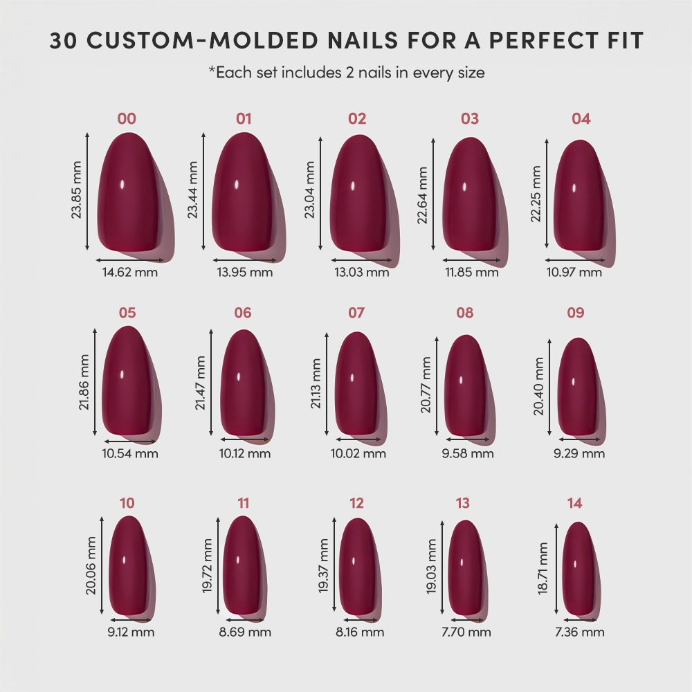 A chart shows 15 sizes of glamnetic Berry Tempted maroon press-on nails in two rows, labeled with length and width (mm). Text notes each set includes 30 salon-quality nails—2 maroon nails per size. - Product image