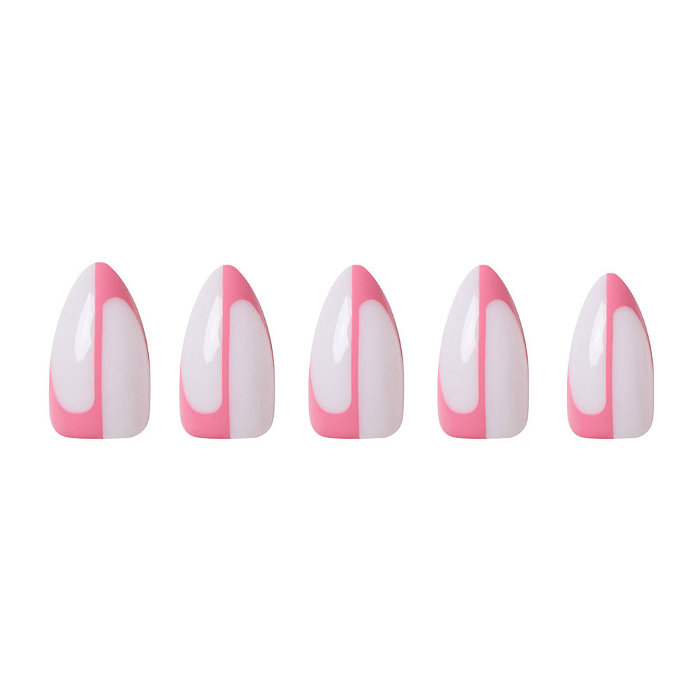 Five Better Half short almond nails by glamnetic, with a milky white base, pink geometric French tips, and modern abstract line accents, are lined up in a row on a white background. - Product image