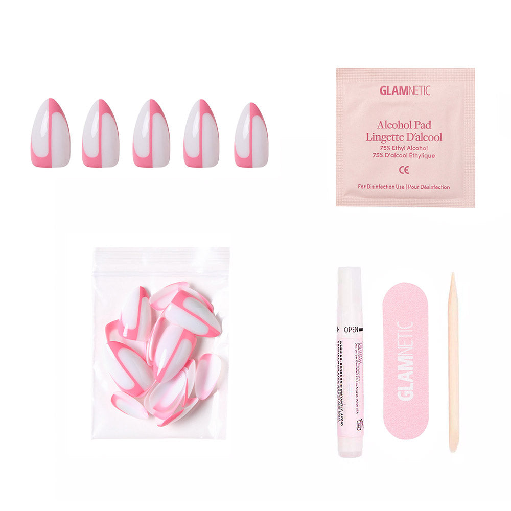 The glamnetic Better Half DIY press-on nails kit includes five short almond milky white nails with modern abstract lines, an alcohol pad, spare nails, nail glue, a pink file, and a wooden cuticle stick. - Product image