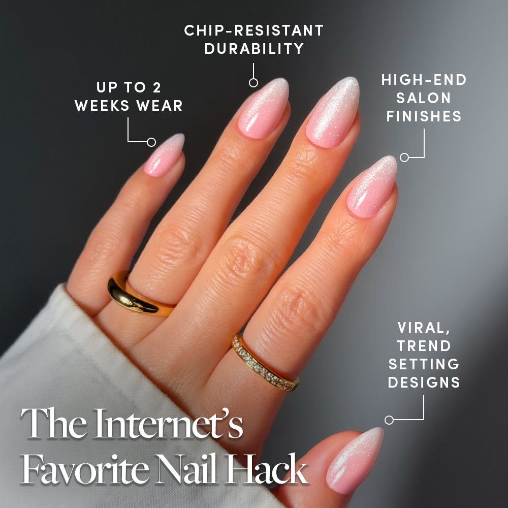 A hand wears glamnetic’s BIG BUNNY ENERGY almond-shaped, baby pink and white ombré press-on nails with two gold rings. Text highlights chip-resistant durability, salon-quality finish, viral designs, and up to 2 weeks’ wear. - Product image
