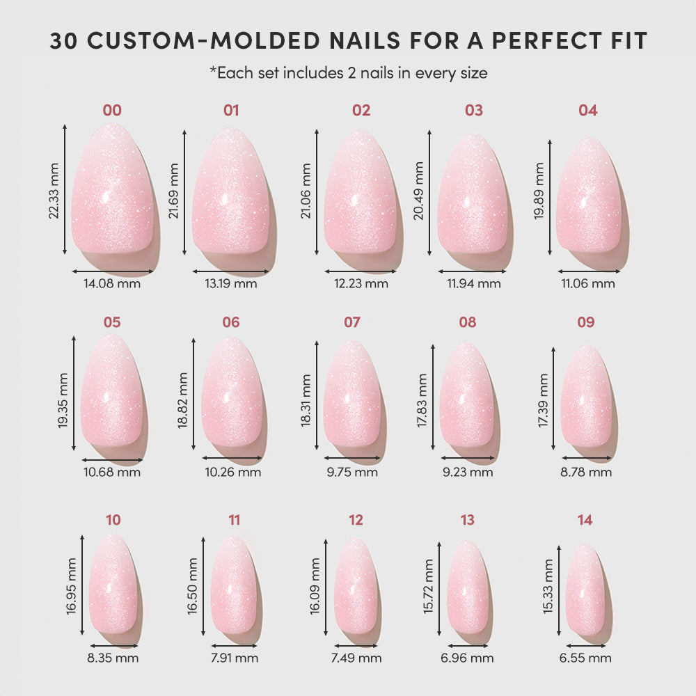 A chart showing 15 sizes of glamnetic’s BIG BUNNY ENERGY custom-molded, sparkly baby pink short almond press-on nails—30 total (2 per size)—with width and length details for a perfect fit. - Product image