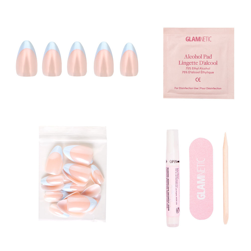 The glamnetic Blueberry Icing Nail Set features five pastel pink and blue nails with a chic glazed finish, plus an alcohol pad, extra nails, nail glue pen, pink file, and cuticle stick—all on a white background. - Product image