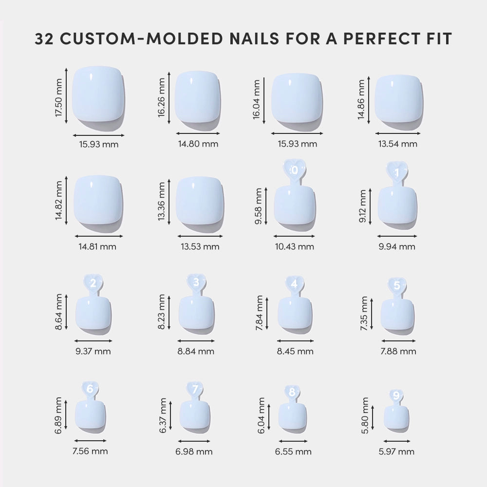 A chart displays 12 sizes of glamnetic Blueberry Milk Toenail press-ons, each glossy blue and custom-molded in four rows. Millimeter sizes and numbers aid selection—vegan, cruelty-free, ideal for a blueberry milk manicure. - Product image
