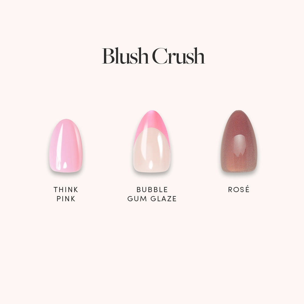 Glamnetic’s Blush Crush features three nail polish shades: Think Pink (baby pink), Bubble Gum Glaze (bubblegum French tips), and Rosé (rosy brown) displayed on a pale background. - Product image