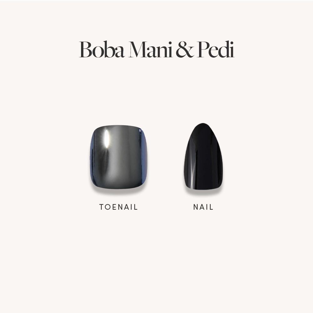 Two artificial nails from glamnetic's Glossy & Glazed Mani & Pedi set are shown—a square toenail and an almond-shaped fingernail, both with a black glazed press-on finish, displayed on a white background. - Product image
