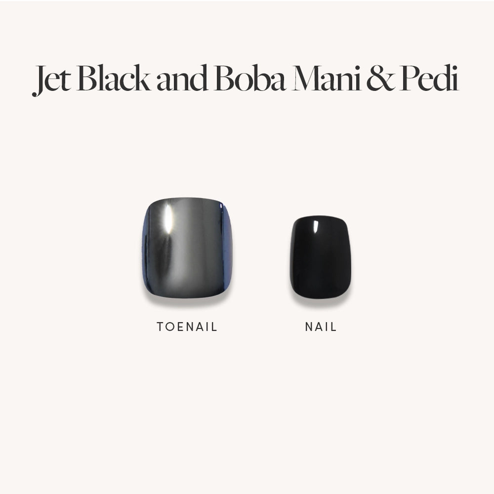 Two artificial nails are shown on a white background: the left is a glossy press-on toenail, the right a glazed black fingernail. Large heading reads, Glossy & Glazed Mani & Pedi by glamnetic. Labels: TOENAIL and NAIL. - Product image