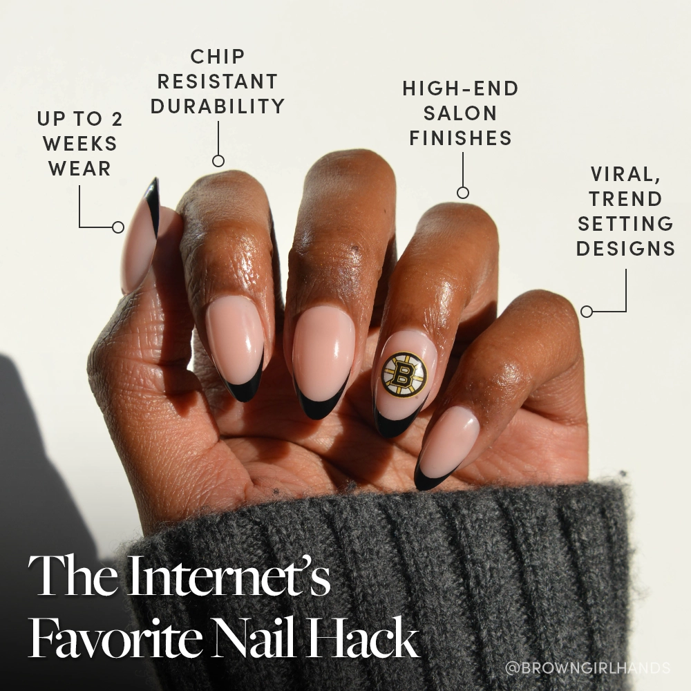 The glamnetic Boston Bruins Press-On Nail Set features almond-shaped nails with black French tips and a gold accent, offering up to 2 weeks of chip-resistant wear, a salon-quality finish, and trendy designs inspired by fandom French tips. - Product image