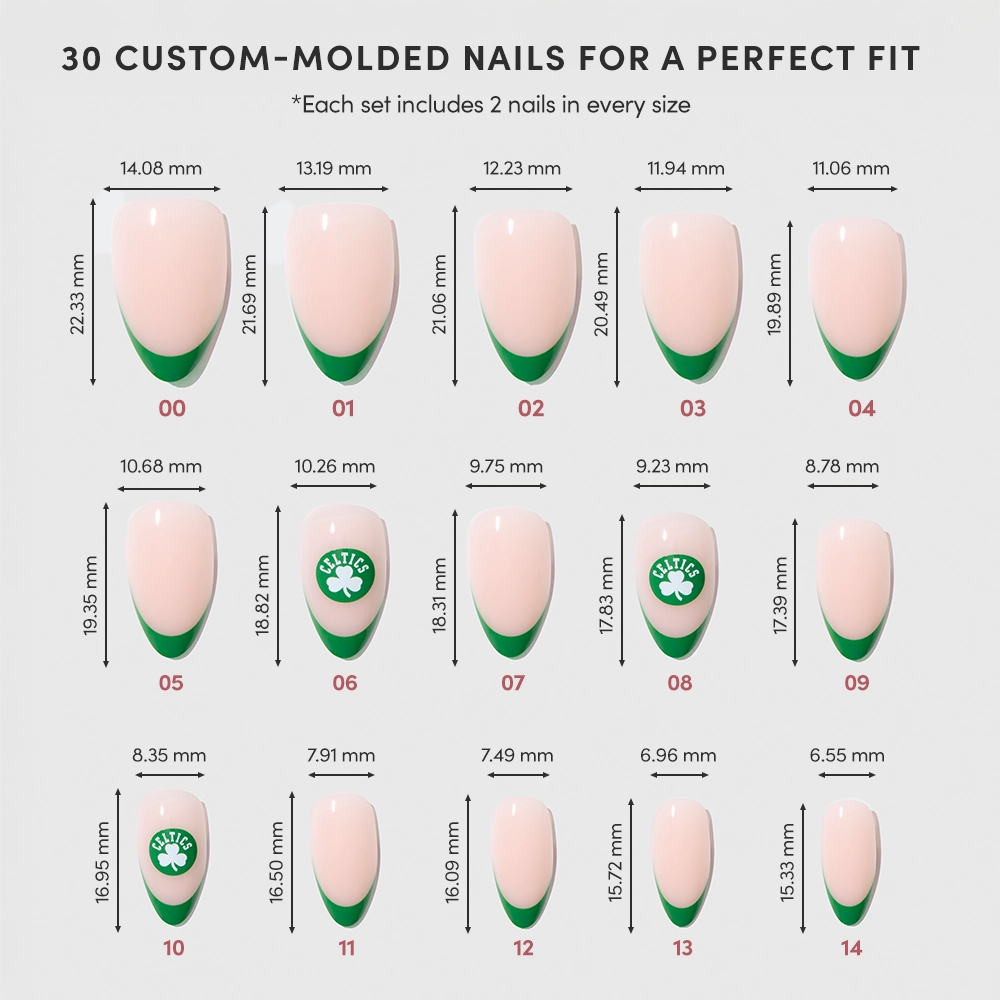 A chart displaying 15 sizes of glamnetic Boston Celtics Press-On Nails, each labeled with a number and millimeter width and length, arranged in three rows. - Product image