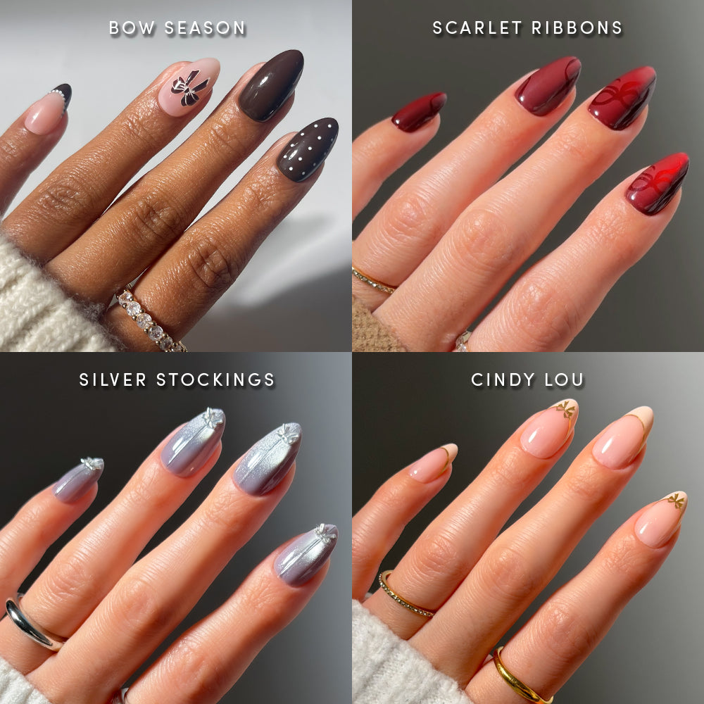 Four hands with manicured nails, each showcasing a unique glamnetic Bow District nail design: brown with bow accents, red with ribbon details, silver with metallic tips, and nude adorned with gold embellishments. Each style highlights intricate 3D nail art and is individually labeled for distinction. - Product image