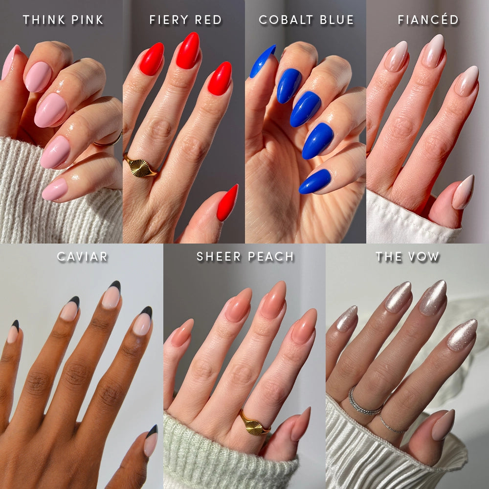 Collage of hands with different nail color swatches labeled 'Think Pink', 'Fiery Red', 'Cobalt Blue', 'Fiancé', 'Caviar', 'Sheer Peach', and 'The Vow'.