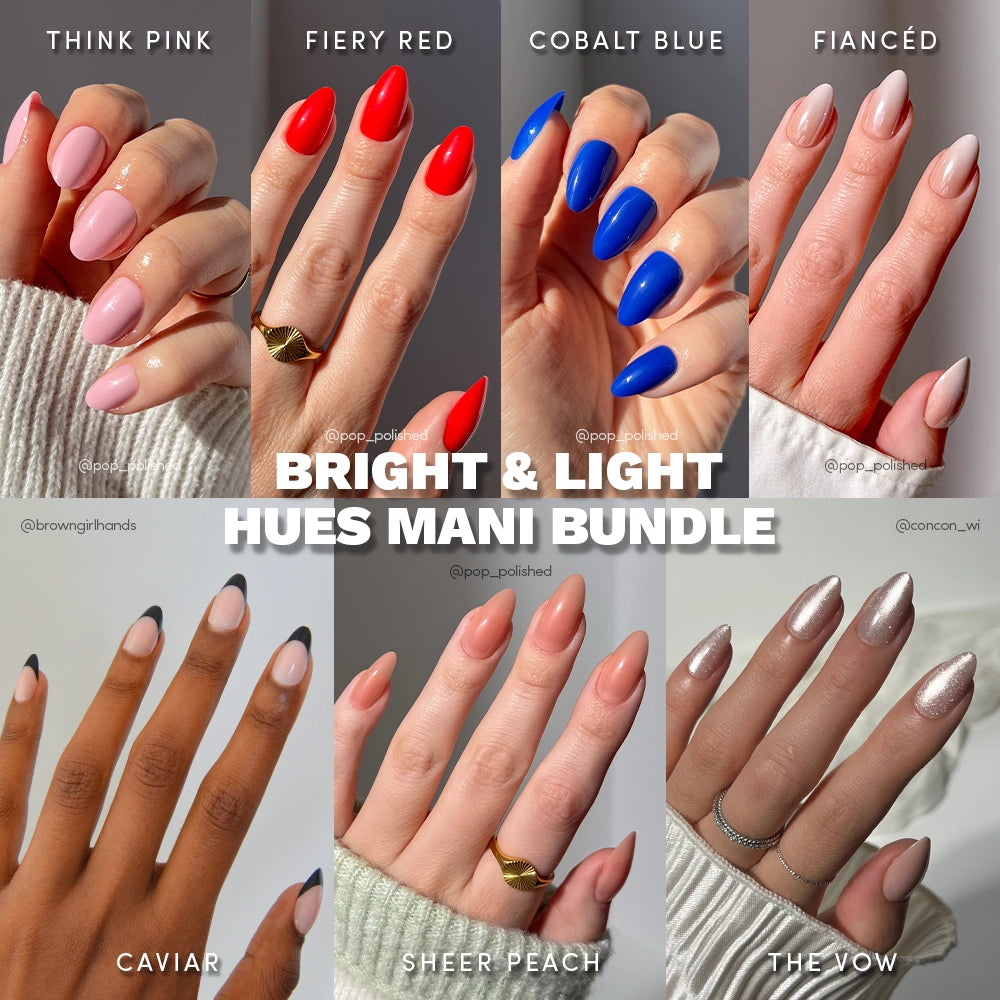 Collage of hands with different nail color swatches labeled 'Think Pink', 'Fiery Red', 'Cobalt Blue', 'Fiancé', 'Caviar', 'Sheer Peach', and 'The Vow'. - Product image