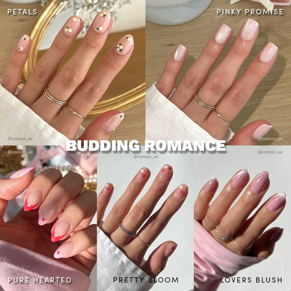 Six images of manicured hands display glamnetics Budding Romance press-on nails, with pink hues, French tips, and heart accents. Each short almond design has a unique name such as Petals, Lovers Blush, and Pretty Bloom. - Product image
