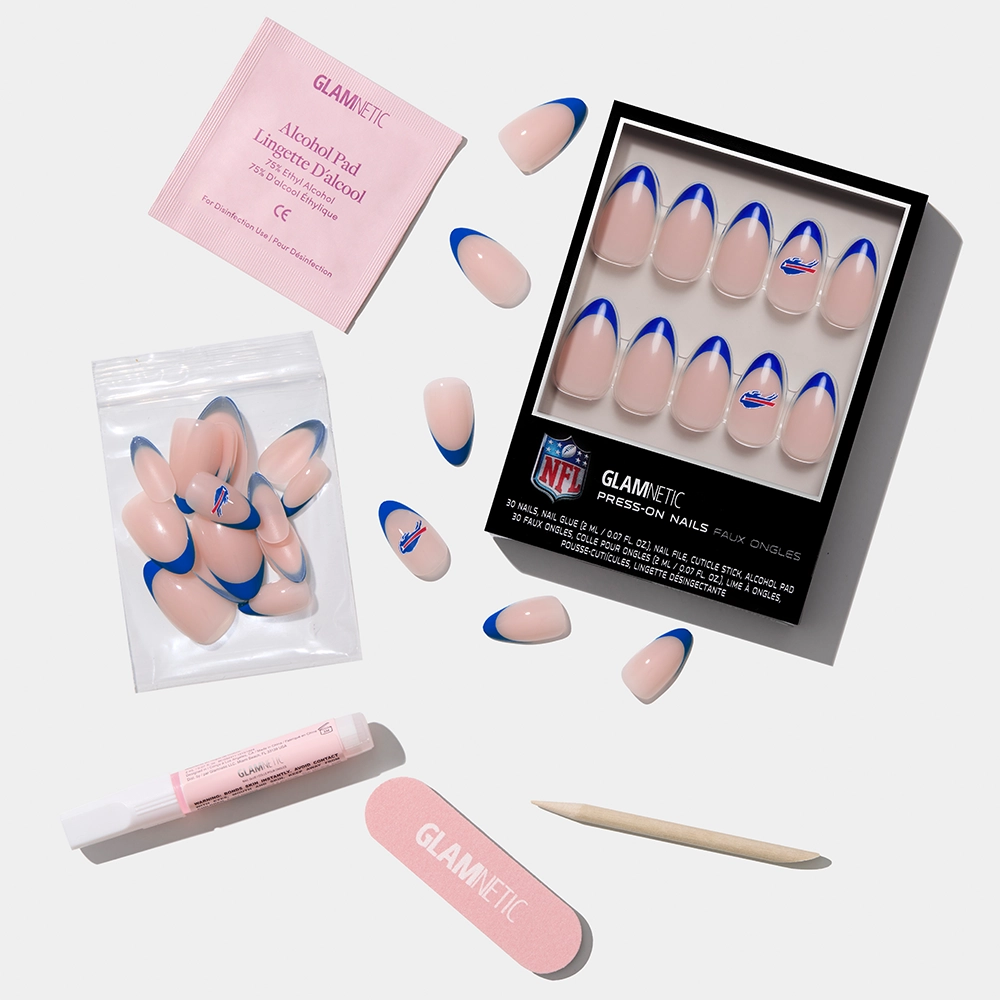Show your team spirit with the glamnetic Buffalo Bills Press-On Nail Set! Featuring blue French tips and a red-and-blue buffalo logo, this kit has nail glue, an alcohol pad, file, cuticle stick, and extra nails for a flawless fan manicure. - Product image