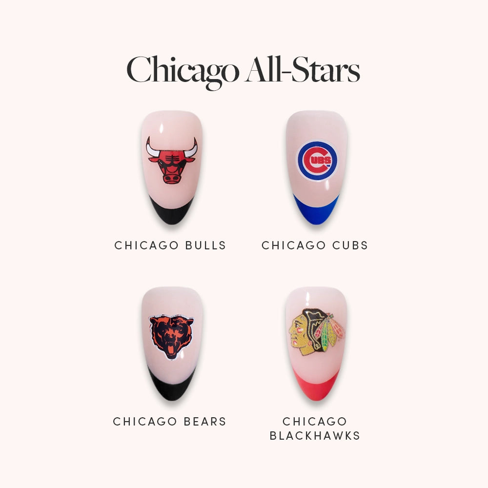 Show off your Chicago sports pride with glamnetic’s Chicago All-Stars: four press-on nails featuring Bulls (black), Cubs (blue), Bears (black), and Blackhawks (red) team logos. Text reads "Chicago All-Stars.