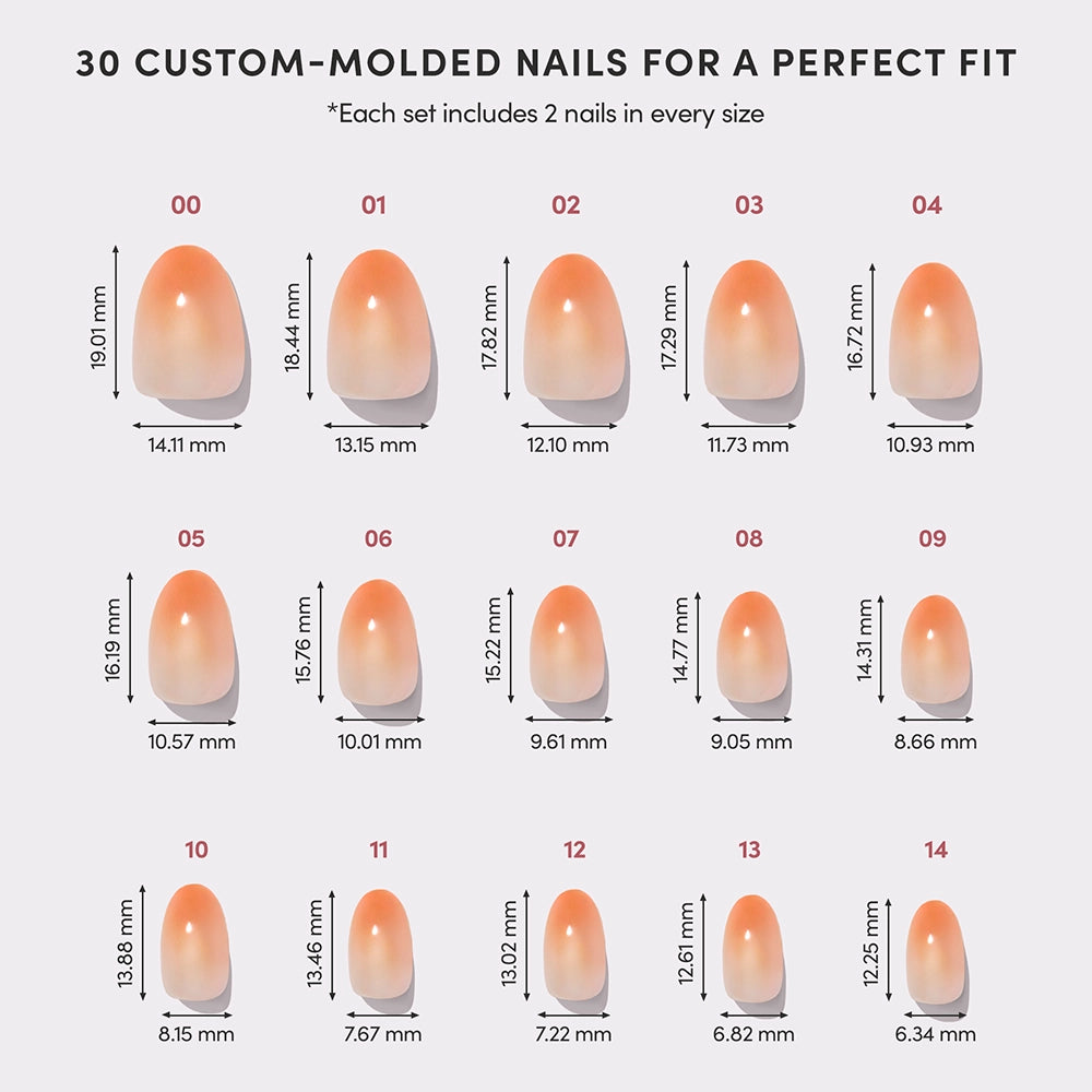 Image displays 15 custom-molded glamnetic Candy Corn Halloween nails, each numbered with precise length and width in millimeters. Text above reads: 30 orange ombré Candy Corn nails for a perfect fit. - Product image