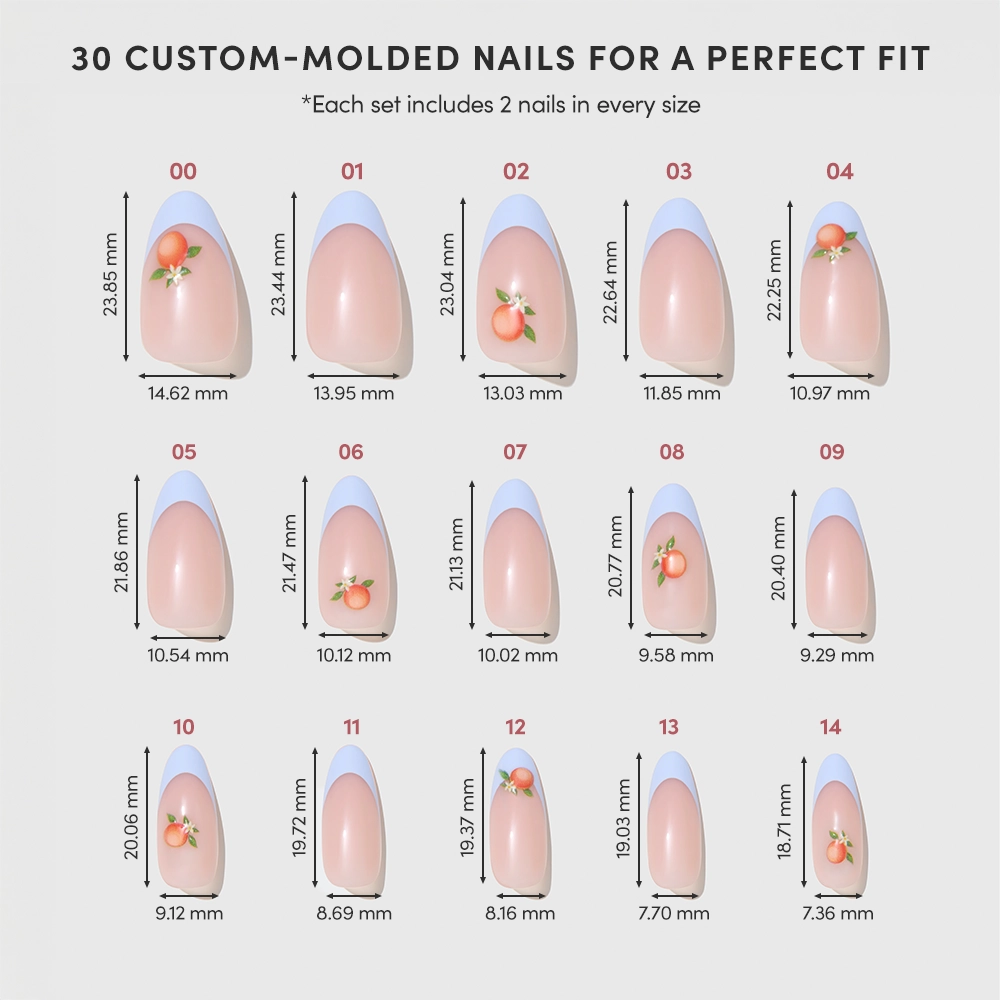 The glamnetic Capri Coast set includes a chart of 15 custom-molded nail sizes with mm measurements, some with blue French tips. Get salon-quality nails with two of each size, totaling 30 press-on nails. - Product image