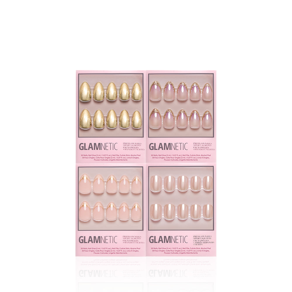 Four glamnetic Champagne Toast press-on nail sets in pink boxes. Top left: shiny gold chrome nails. Top right: nude pink nails with gems. Bottom left: nude nails with a gold tip—perfect for a Champagne Toast bundle look. Bottom right: simple nude nails, all displayed on a white background. - Product image