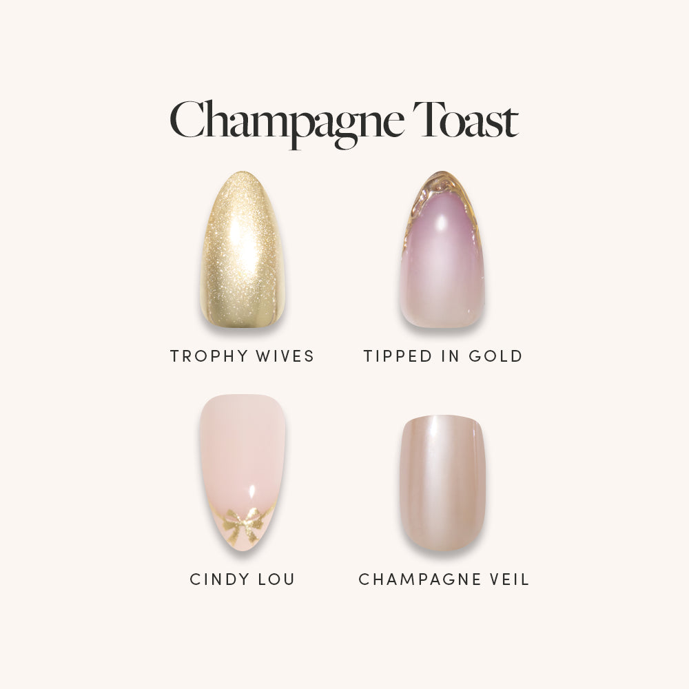 Featured under the text “Champagne Toast” on a cream background, four nail designs—Trophy Wives (gold glitter), Tipped in Gold (pink with gold tip), Cindy Lou (pale pink with flower), and Champagne Veil (pearly nude)—showcase glamnetic’s Champagne Toast bundle, the perfect set of glamorous press-on nails and sparkling gold chrome nails for elevating your style. - Product image