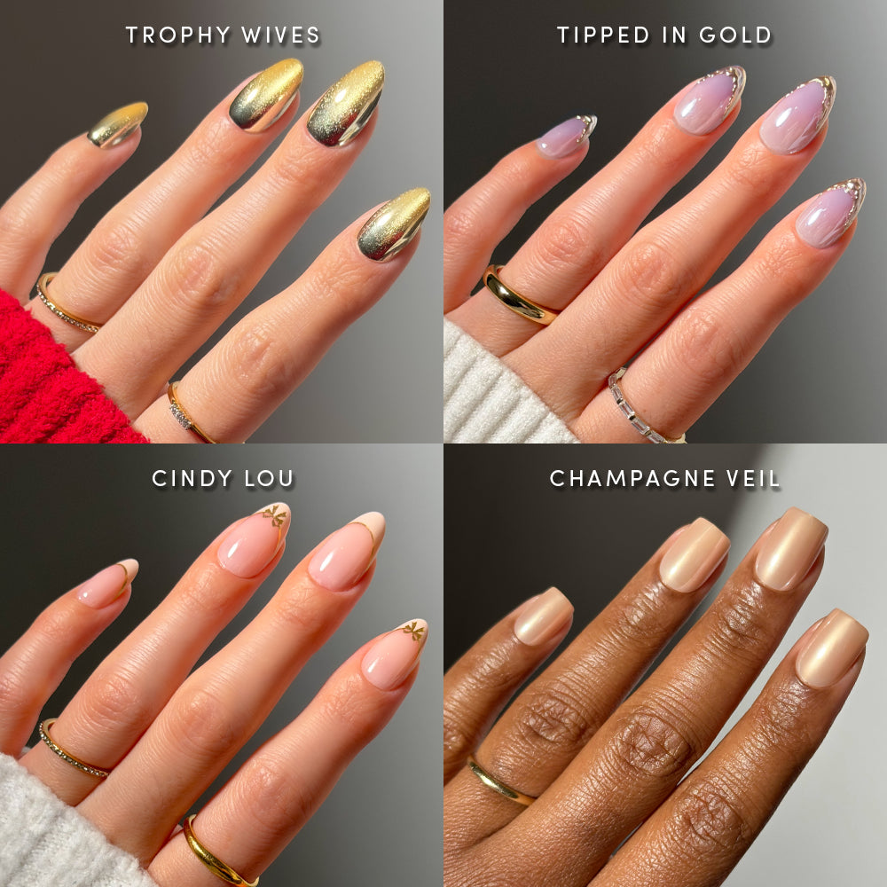 Four images of manicured hands feature different nail styles: gold chrome nails (Trophy Wives), light pink with gold tips (Tipped in Gold), soft pink with a subtle gold accent (Cindy Lou), and nude polish from the Champagne Toast set by glamnetic. - Product image