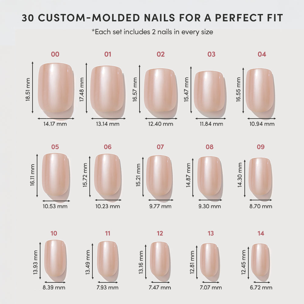 A grid of 30 short squoval Champagne Veil press-on nails by glamnetic in a pearl chrome finish, arranged in numerical order and labeled with their length and width in millimeters. - Product image