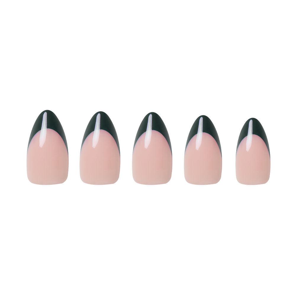 Five artificial nails from glamnetics Château set, featuring a nude base and pointed dark green French tips with a thin white center line, are displayed against a white background. - Product image