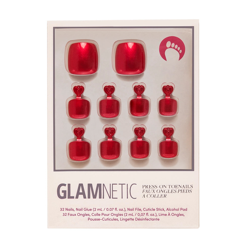 A box of Glamnetic press-on toenails in a deep ruby red with a metallic sheen. - Product image