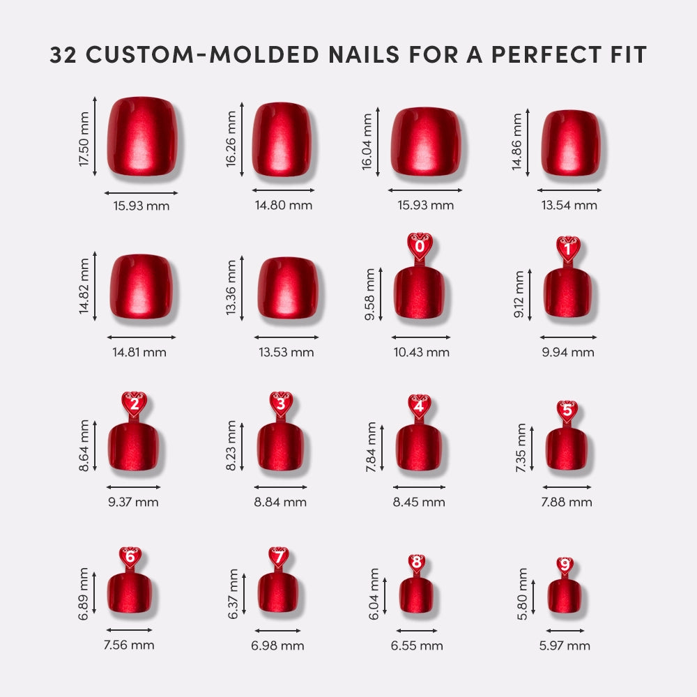 Illustration of 32 custom-molded nails with measurements on a white background - Product image
