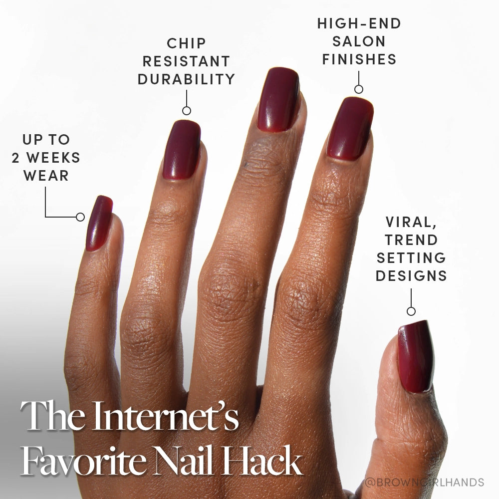 A hand with Cherry Mocha gloss from glamnetic, medium square nails labeled: up to 2 weeks wear, chip resistant durability, high-end salon finishes, and viral, trend setting designs. Text: The Internet’s Favorite Nail Hack. - Product image