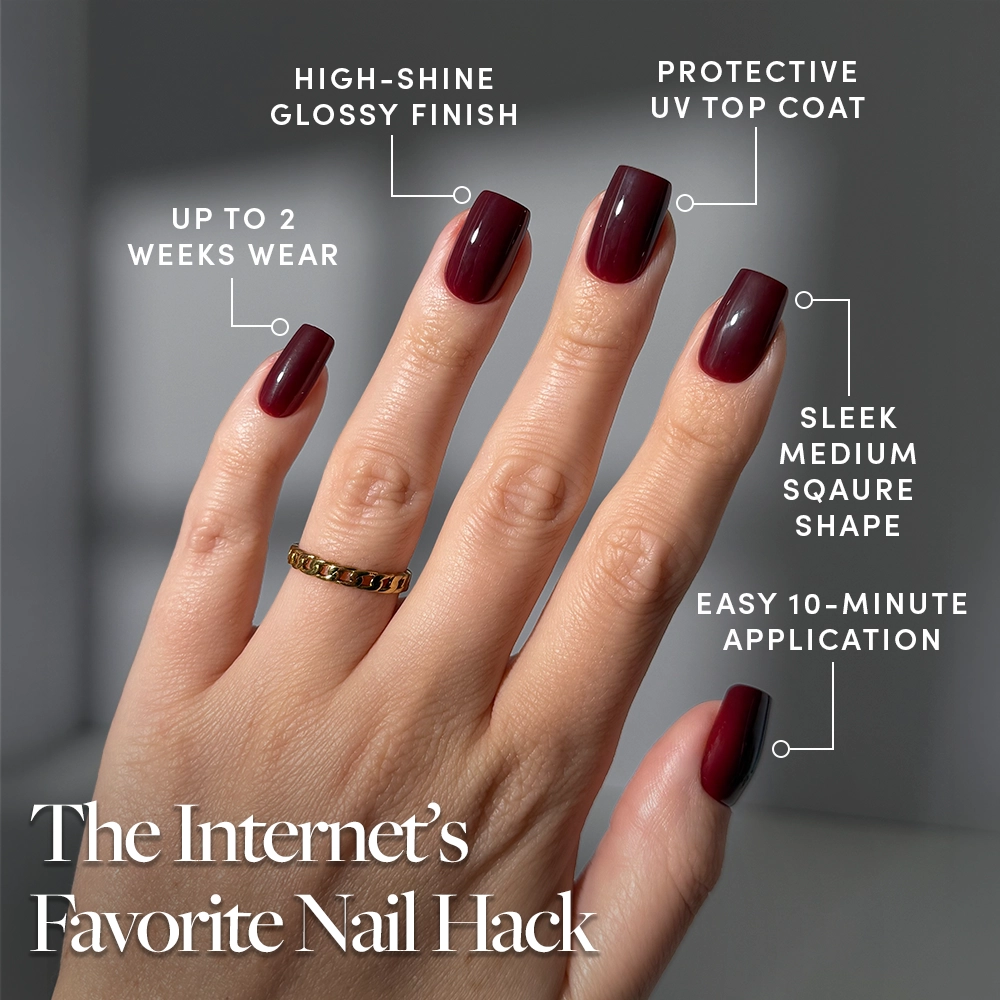 A hand with Cherry Mocha gloss from glamnetic, medium square nails labeled: up to 2 weeks wear, chip resistant durability, high-end salon finishes, and viral, trend setting designs. Text: The Internet’s Favorite Nail Hack. - Product image