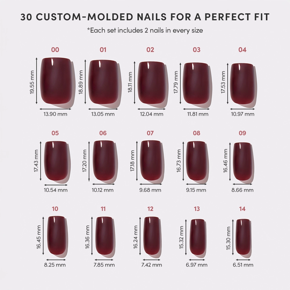 A chart shows 15 Cherry Mocha (glamnetic) custom-molded medium square nails, sizes 00–14, cherry brown gloss finish, each with width and length in mm below. All vegan, cruelty-free sets include 2 nails of every size. - Product image
