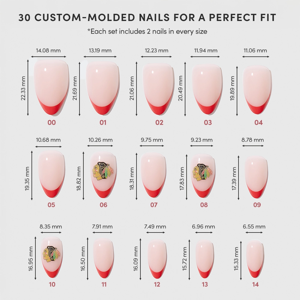 The glamnetic Chicago Blackhawks Press-On Nail Set includes 15 custom-molded sizes (01-15) with millimeter measurements. Some nails feature red French tips, while others showcase bold yellow Blackhawks team logos. - Product image