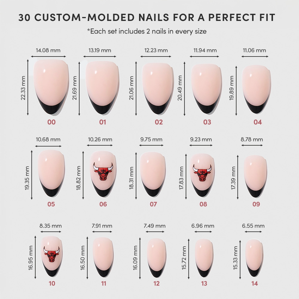 A chart displays 15 sizes of the glamnetic Chicago Bulls Press-On Nail Set, each labeled with measurements. Some nails have black tips, while three feature a red bull head graphic. - Product image