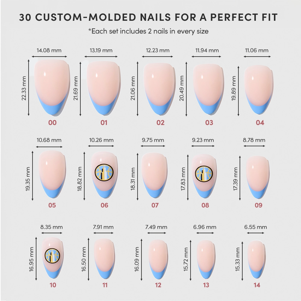 Chart displays 15 sizes of glamnetic's Chicago Sky Press-On Nails, each with width and length measurements. Cream nails have a light blue tip; some feature a circular logo. Text above reads, 30 custom-molded nails for a perfect fit. - Product image