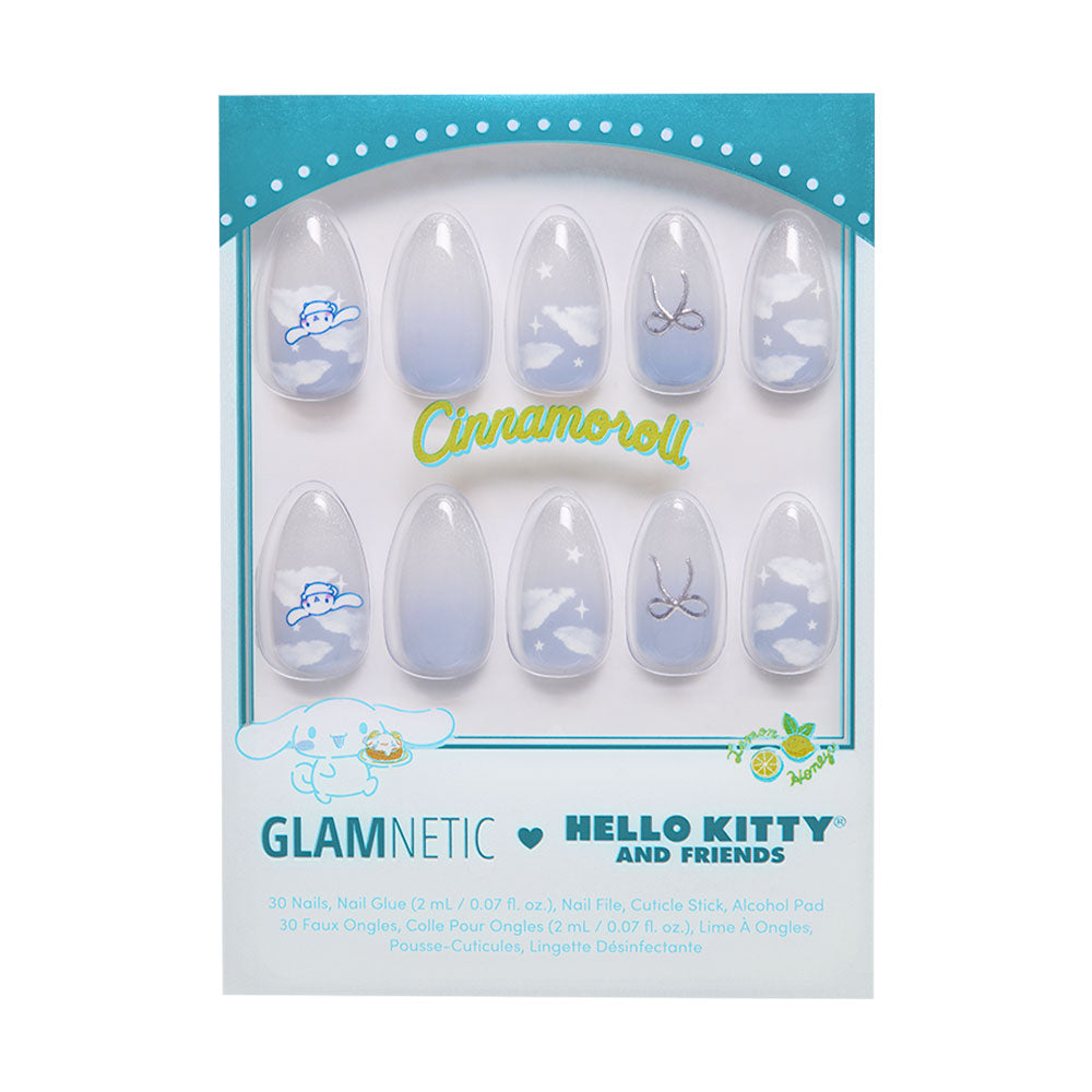 The boxed glamnetic Cinnamoroll™ Cloud press-on nail set features a pastel blue and white velvet finish with 3D silver accents, clouds, and Cinnamoroll’s face, packaged with charming Cinnamoroll graphics.