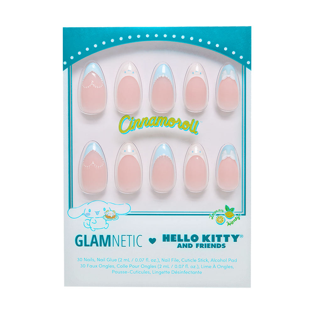 A box of glamnetic Cinnamoroll™ French Tip press-on nails, featuring a pink and white short almond design arranged in two rows, with Cinnamoroll and package details on the front.