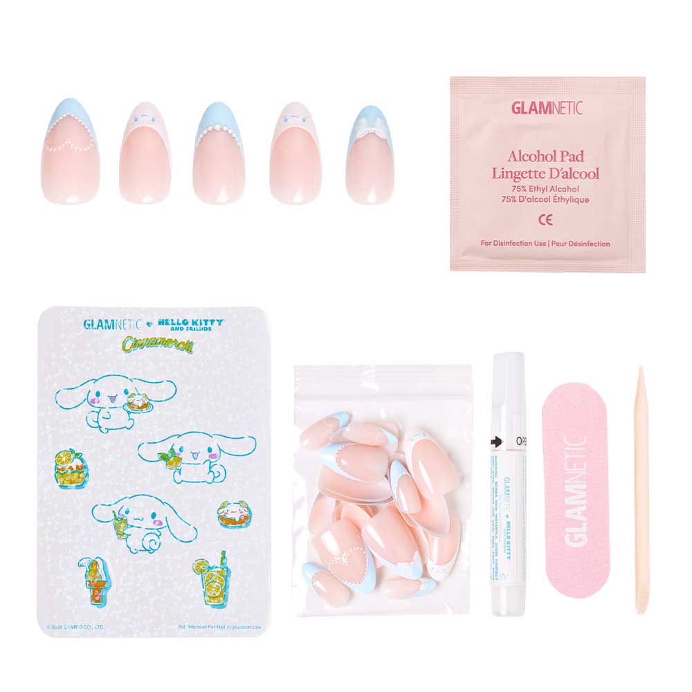The glamnetic Cinnamoroll™ French Tip Nail Set includes short almond blue French tip nails, a pink nail buffer, wooden cuticle stick, alcohol pad, nail glue, extra nails, and Cinnamoroll™ Hello Kitty-themed stickers. - Product image