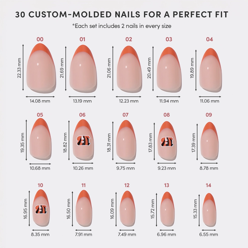 A chart shows 15 sizes of glamnetic’s Cincinnati Bengals Press-On Nail Set, each labeled with a number, width, and length in millimeters. The fan nail set features a pink base with orange tips and is displayed in two rows. - Product image