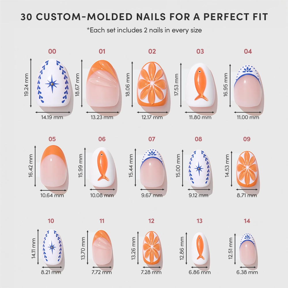 A chart shows the glamnetic Citrus Coast Press-On Nail Set: 15 short oval nails with orange and blue patterns, each labeled by size, nail dimensions in mm, and designs including florals, swirls, and geometric motifs. - Product image