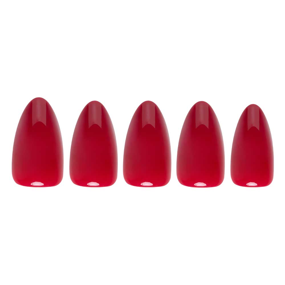 Five almond-shaped artificial nails from glamnetic, painted in a glossy Classic Red finish, are arranged in a row on a white background to create an elegant nail set. - Product image