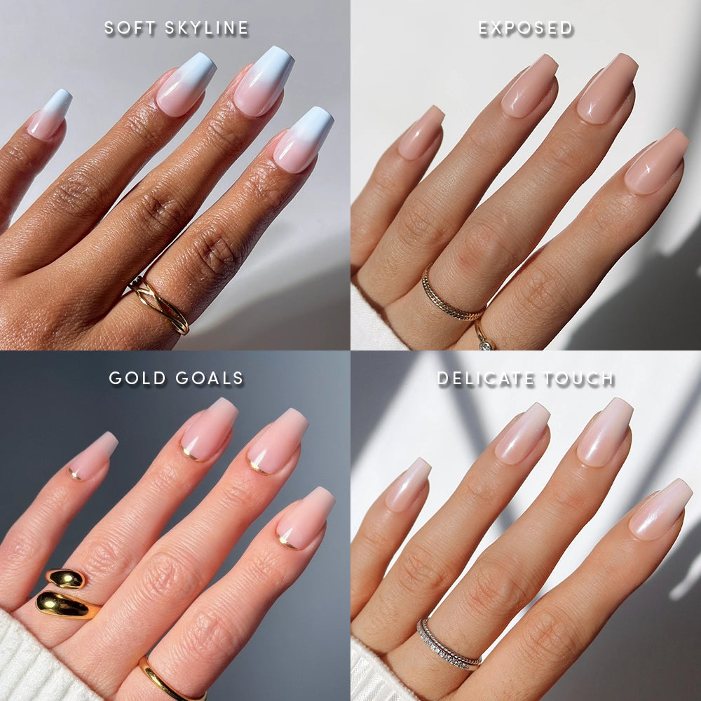 Four images showcase manicured hands wearing glamnetic’s Classic Coffin press-on nails in various stylish designs: blue tips, nude polish, nude with gold accents, and a soft pink shade. Each hand is accessorized with gold rings and labeled with the nail style name, highlighting the salon-quality finish of Classic Coffin press-ons. Ideal for anyone seeking long-lasting, professional-looking nails at home. - Product image