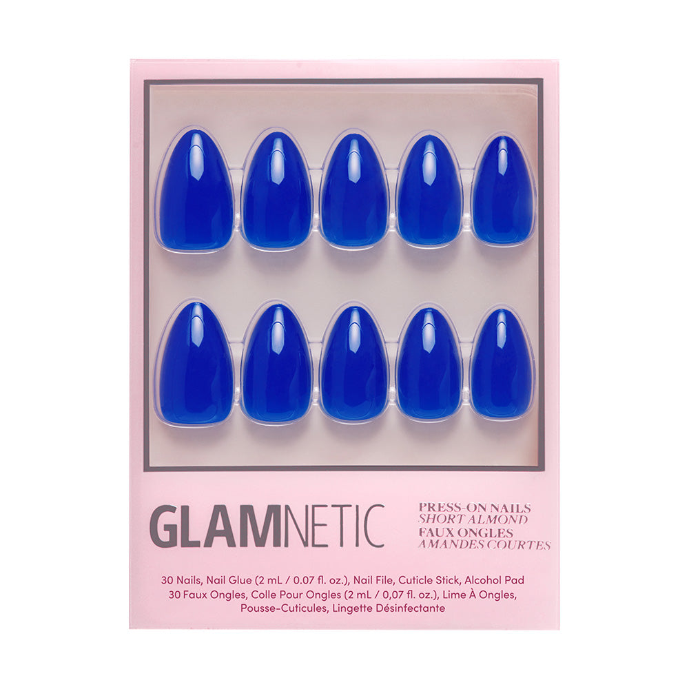 Glamnetic Cobalt Blue press-on nails in a short almond shape come in a pink box, featuring glossy, vibrant blue nails—perfect for your next summer adventure. - Product image