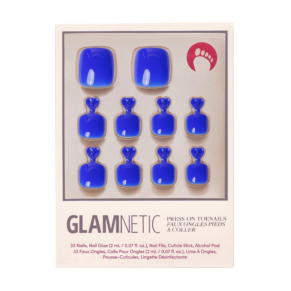 A box of Glamnetic press-on toenails in a bold, glossy cobalt blue color. - Product image