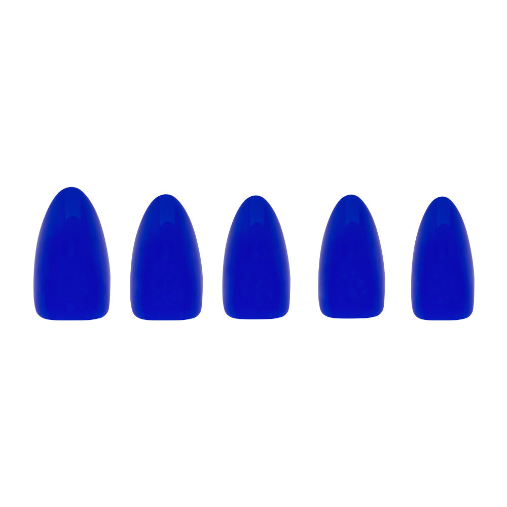 Five glossy, short almond-shaped artificial nails in Cobalt Blue by glamnetic are arranged horizontally on a white background—perfect for your next summer adventure. - Product image
