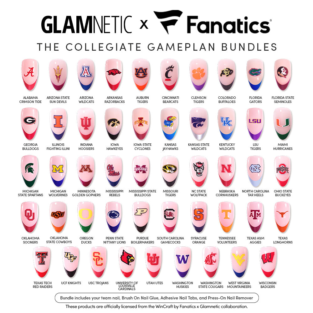 A display of 40 artificial nails, each featuring a U.S. college logo and colors, arranged in a 5x8 grid, with “glamnetic The Collegiate Gameplan Bundles” text above. - Product image